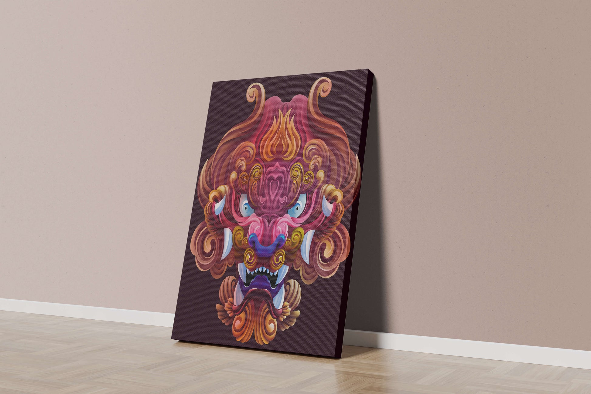 Intricate Colorful Dragon Face Illustration with Swirling Patterns