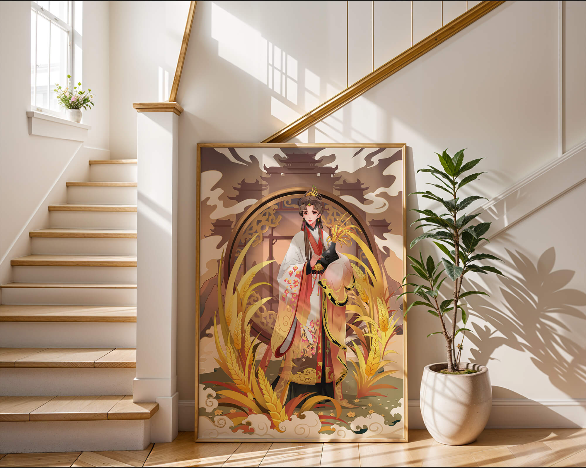 Elegant woman in traditional attire amidst golden wheat field and oriental architecture