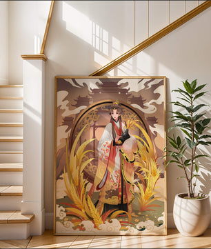 Elegant woman in traditional attire amidst golden wheat field and oriental architecture