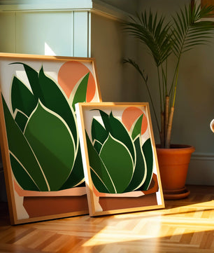 Ilustración contemporánea de una planta serpiente con fondo de amanecer