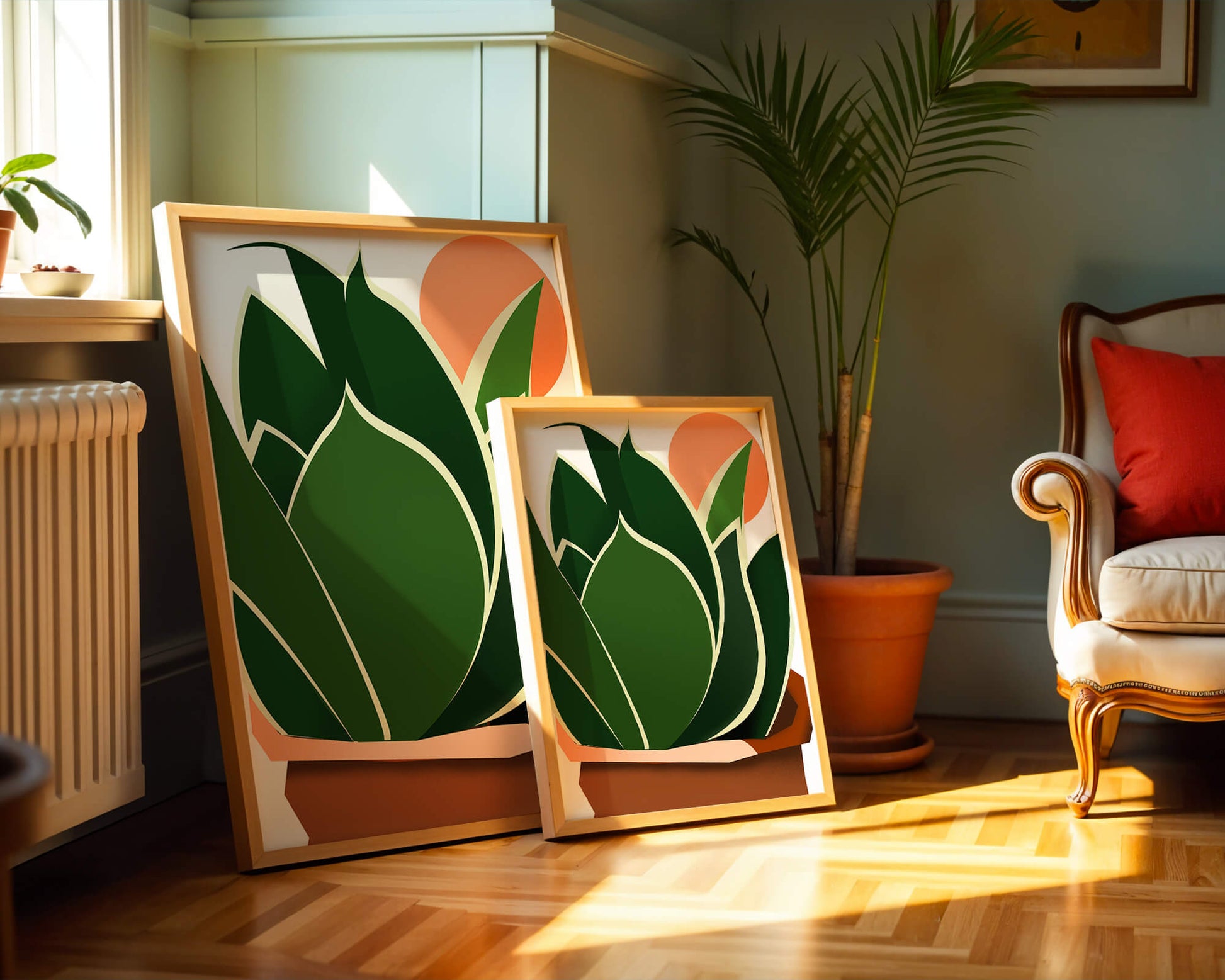 Ilustración contemporánea de una planta serpiente con fondo de amanecer