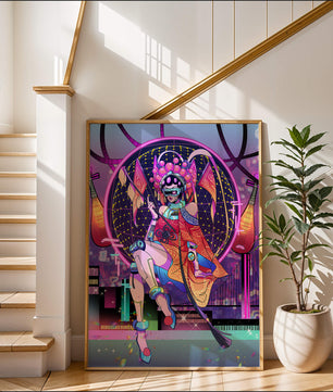 Personaje futurista con atuendo tradicional asiático y telón de fondo de ciudad neón