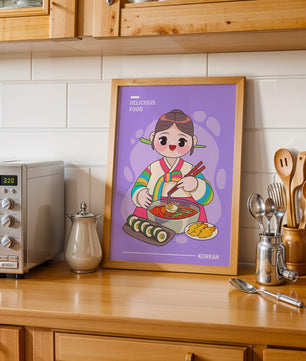 Charming illustration of Korean cuisine with a cheerful character