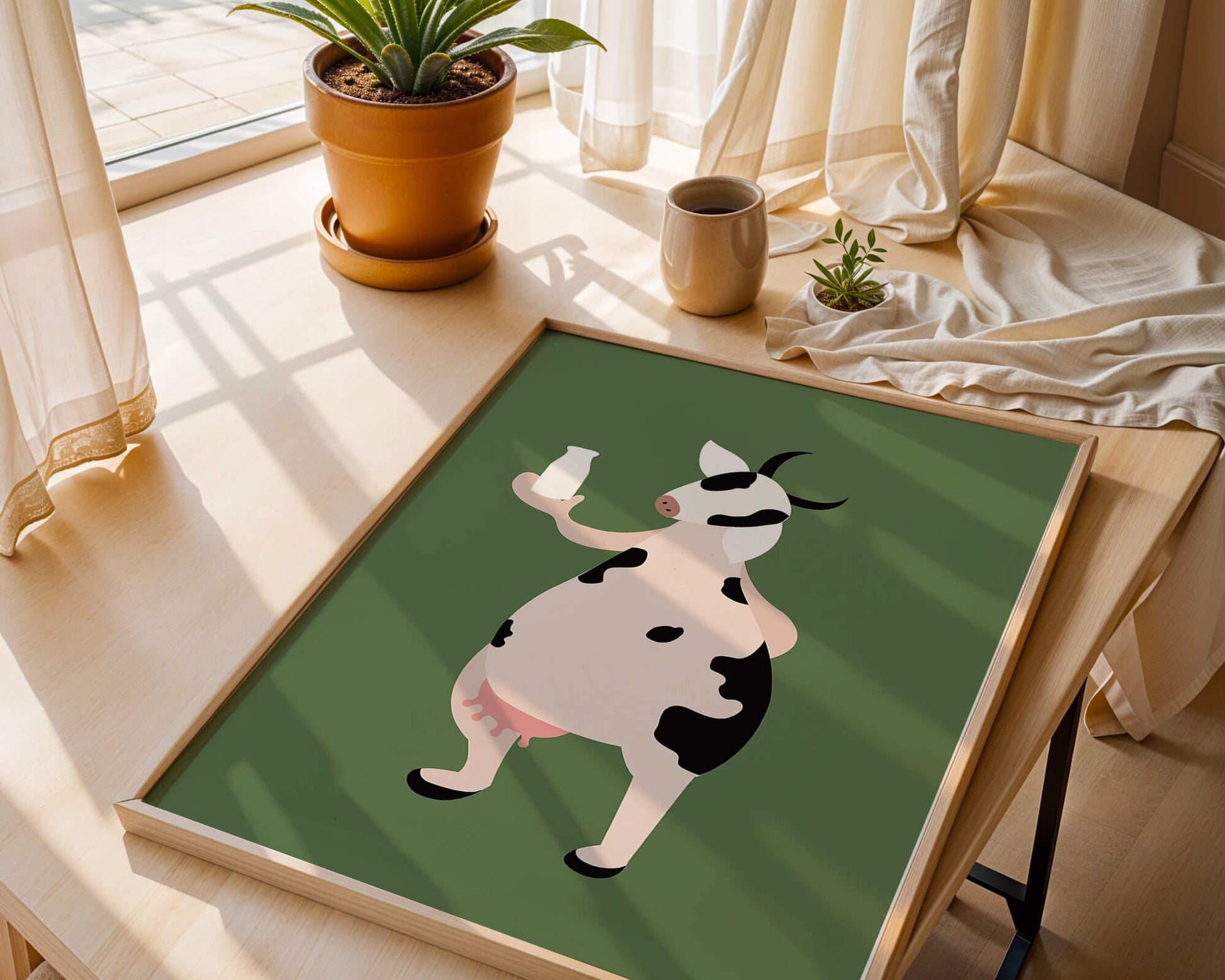 Illustration of anthropomorphic cow holding a milk bottle on green background