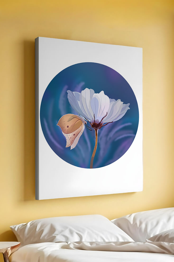 Delicate butterfly resting on a white flower in a serene blue background