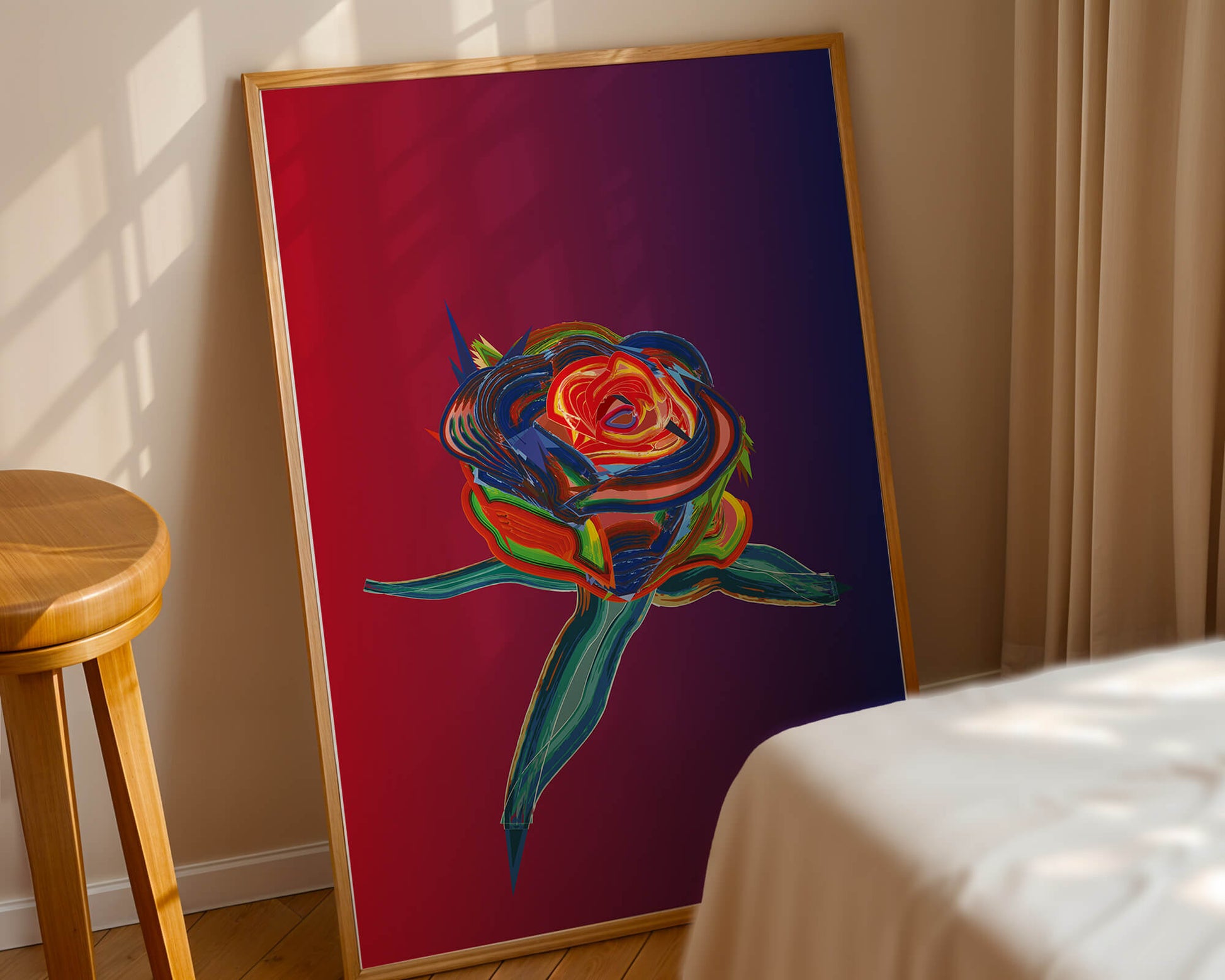 Rosa abstracta vibrante con colores dinámicos sobre fondo degradado