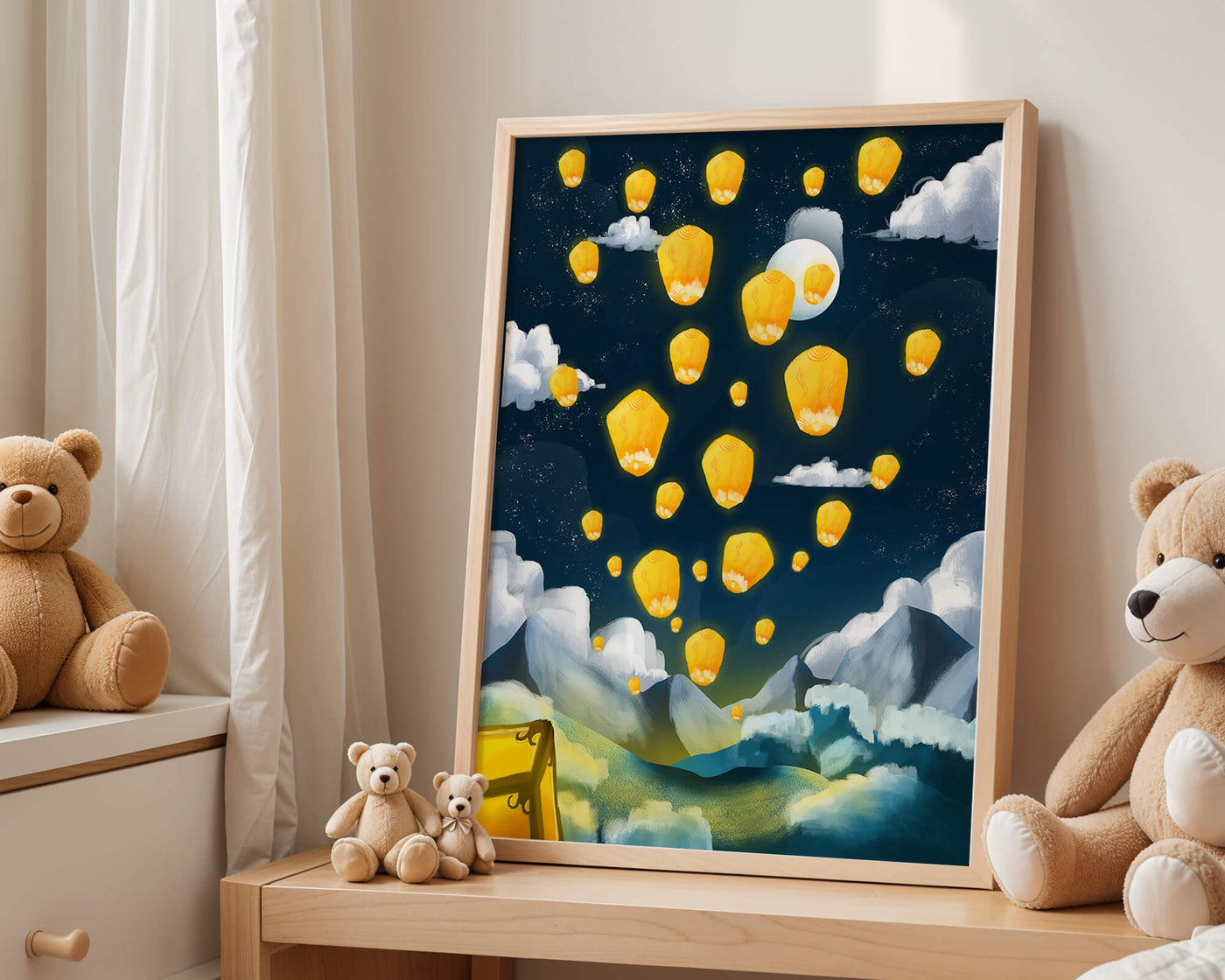 Lanterns floating in a starry night sky over mountains