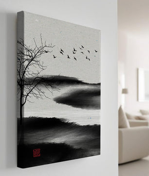 Minimalist Landscape with Silhouetted Tree and Birds