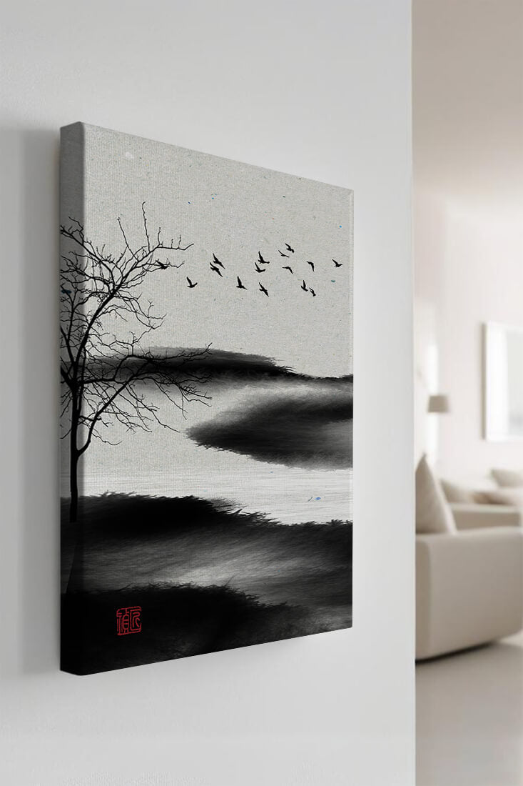 Paisaje minimalista con siluetas de árboles y pájaros