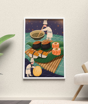 Ilustración juguetona de chefs preparando sushi en un paisaje imaginario