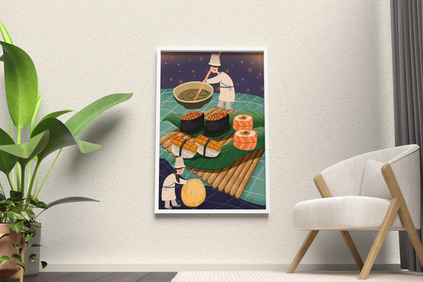 Ilustración juguetona de chefs preparando sushi en un paisaje imaginario
