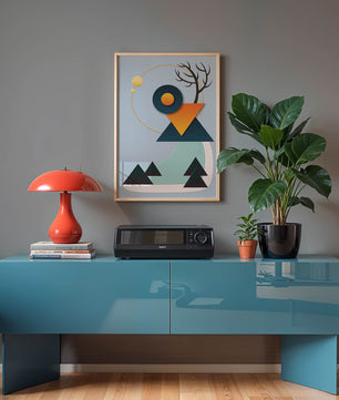 Abstract Geometric Landscape with Mountain and Sun - Mi tienda