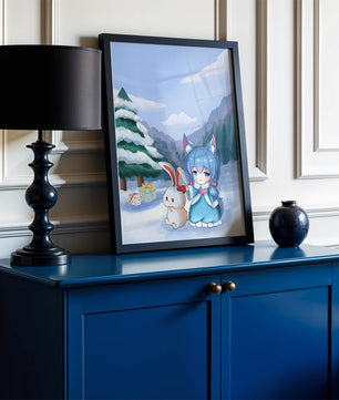 Winter scene with cute chibi character and bunny in snowy landscape
