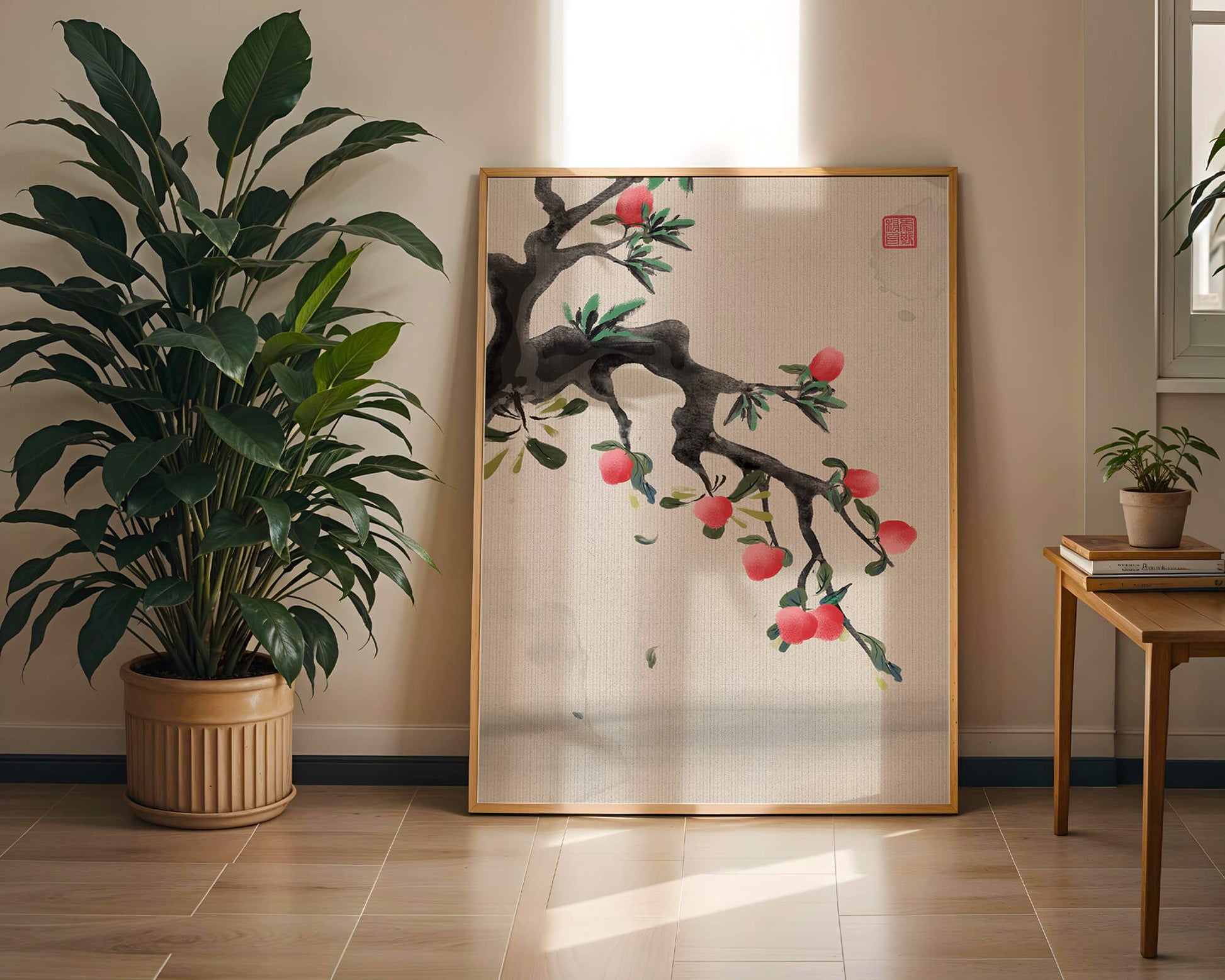 Asian ink painting featuring cherry blossoms on a textured background