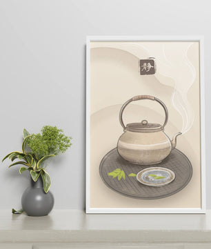 Traditional Japanese teapot with steaming tea and serene setting