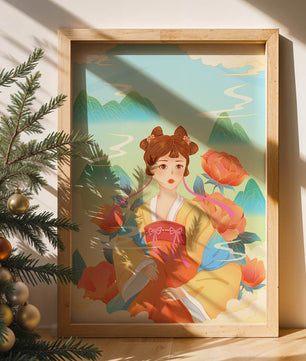 Traditional Asian Art with Woman in Hanfu Surrounded by Mountains and Peonies