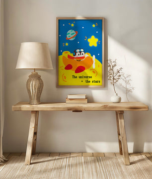 Colorful cartoon airplane with stars and planets in space