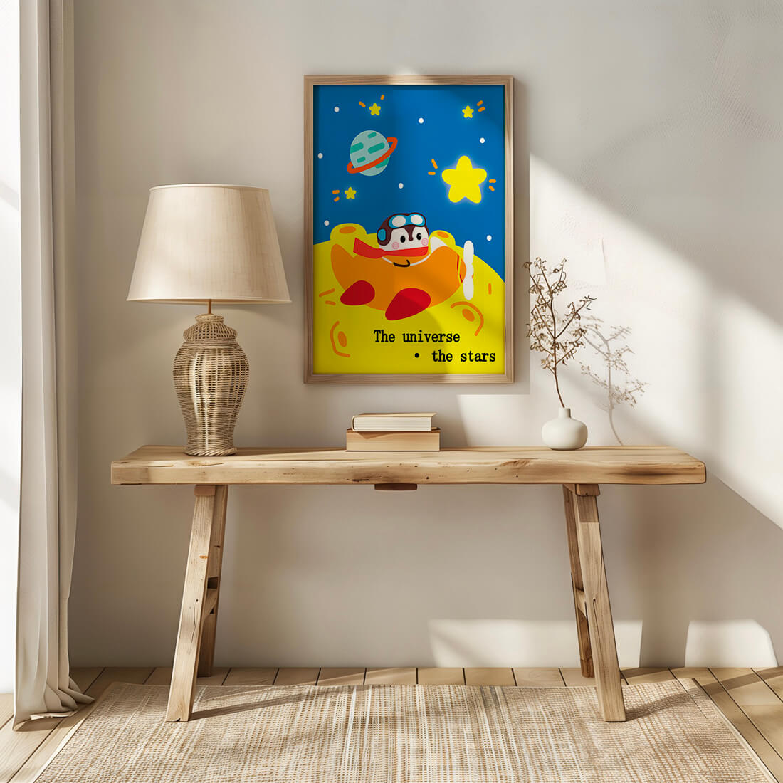Colorful cartoon airplane with stars and planets in space