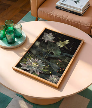 Lotus Flowers and Dragonfly in Nighttime Pond