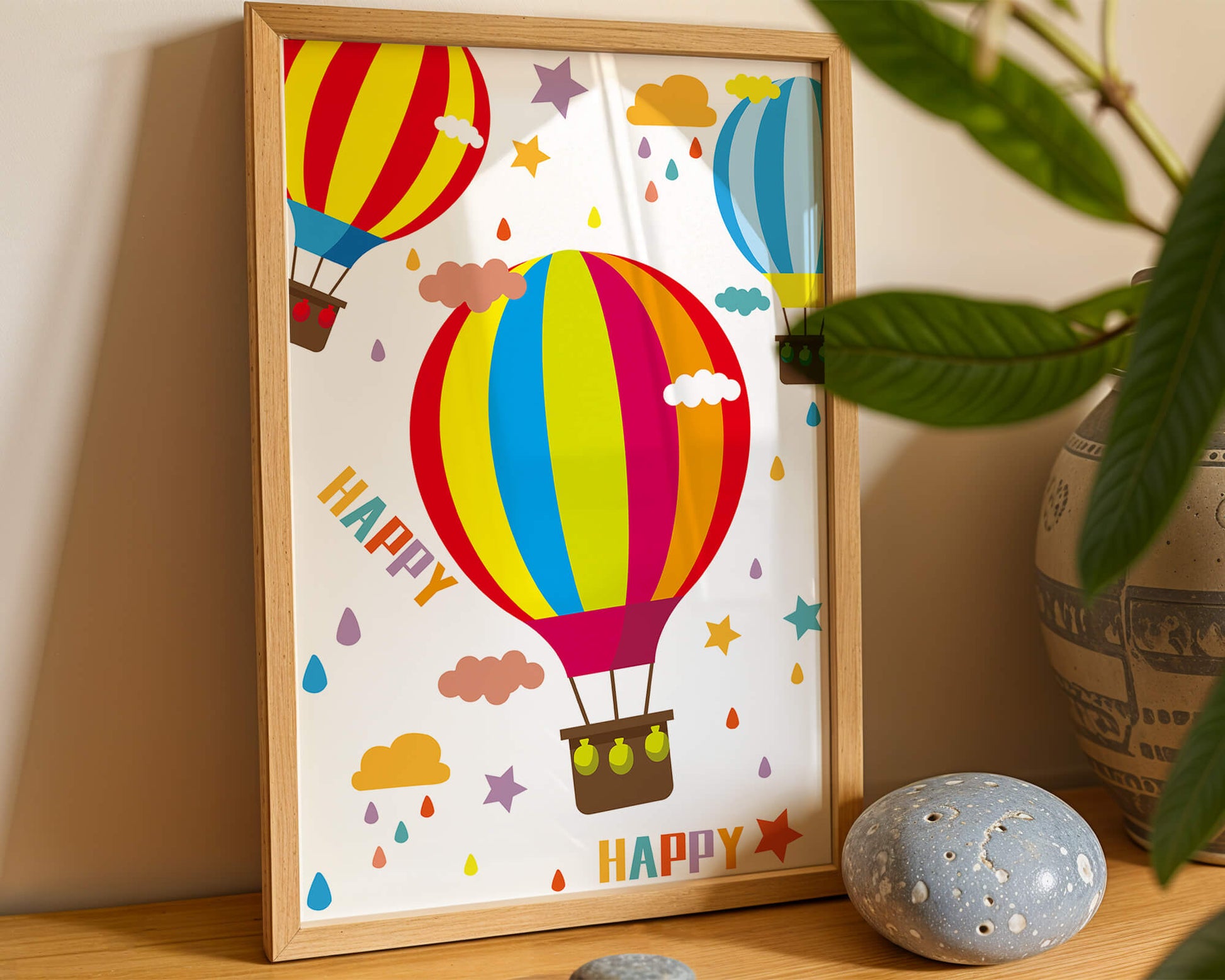 Colorful hot air balloons and happy clouds illustration