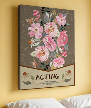 Ilustración acuarela floral con texto motivacional sobre un fondo marrón punteado