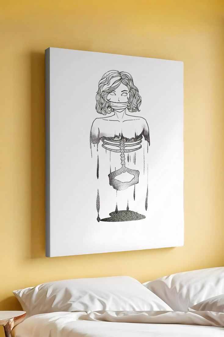 Surreal illustration of a woman with abstract ribcage and melting effect