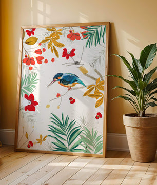 Oiseaux et feuillages colorés dans un décor botanique tropical