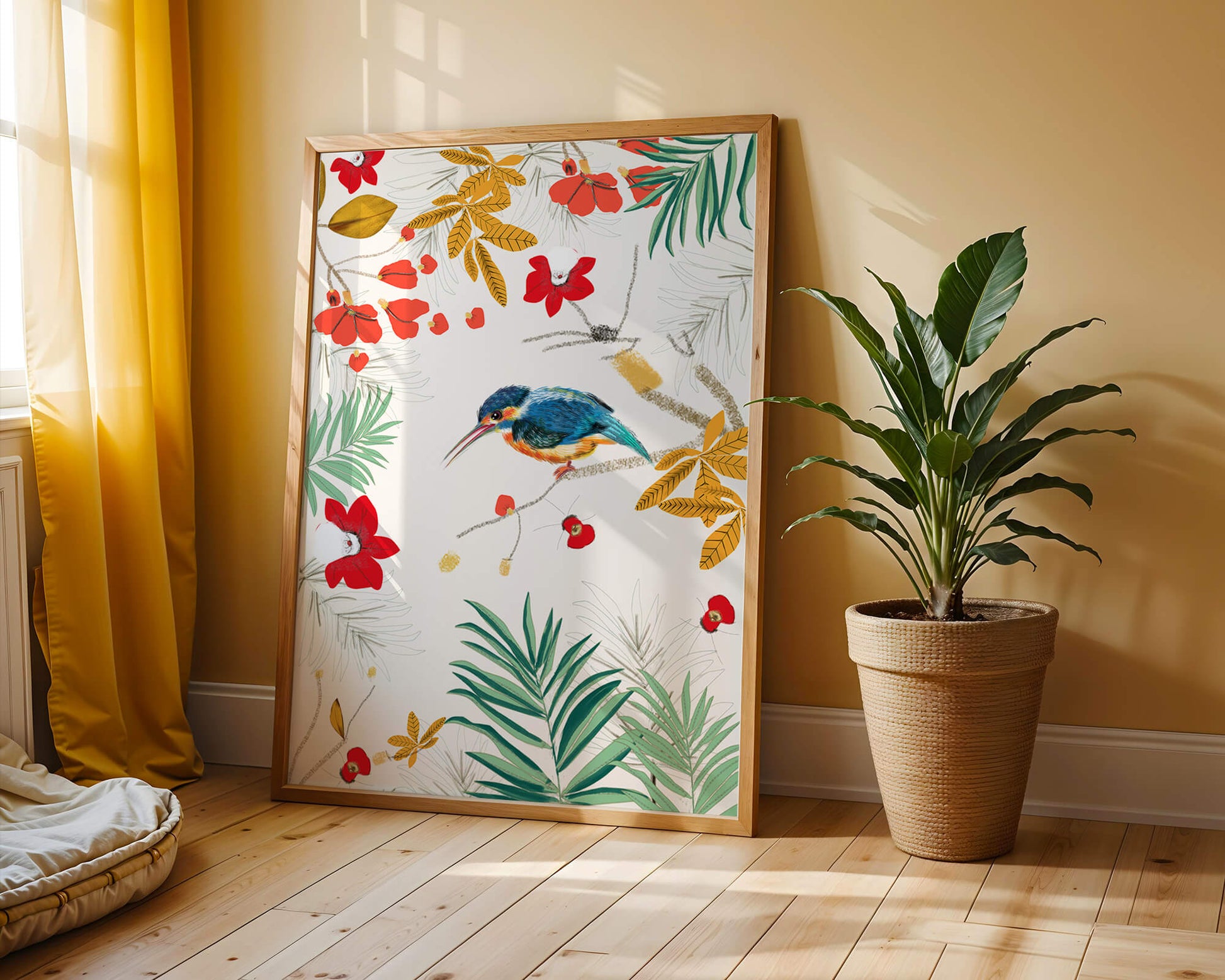Oiseaux et feuillages colorés dans un décor botanique tropical