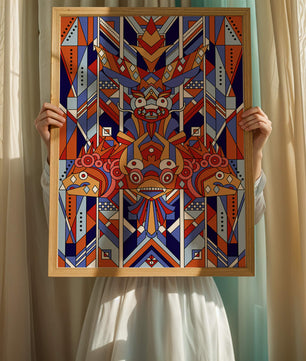 Arte tribal geométrico con colores vibrantes y patrones simétricos