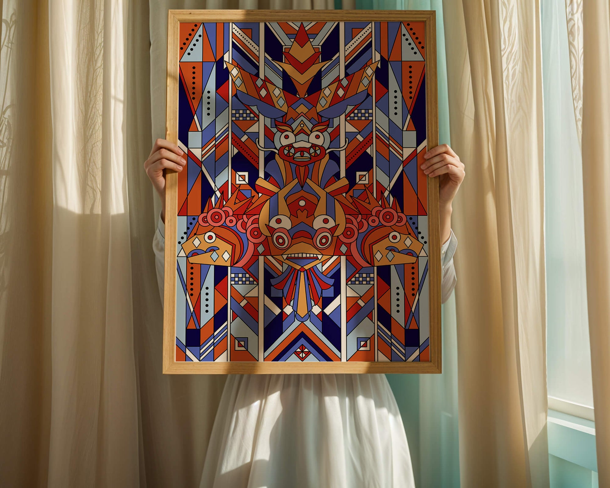 Arte tribal geométrico con colores vibrantes y patrones simétricos