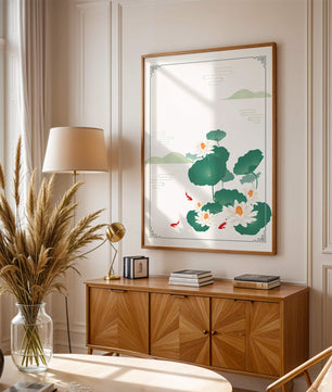 Elegante Lotus- und Koi-Fisch-Illustration mit orientalischen Designelementen