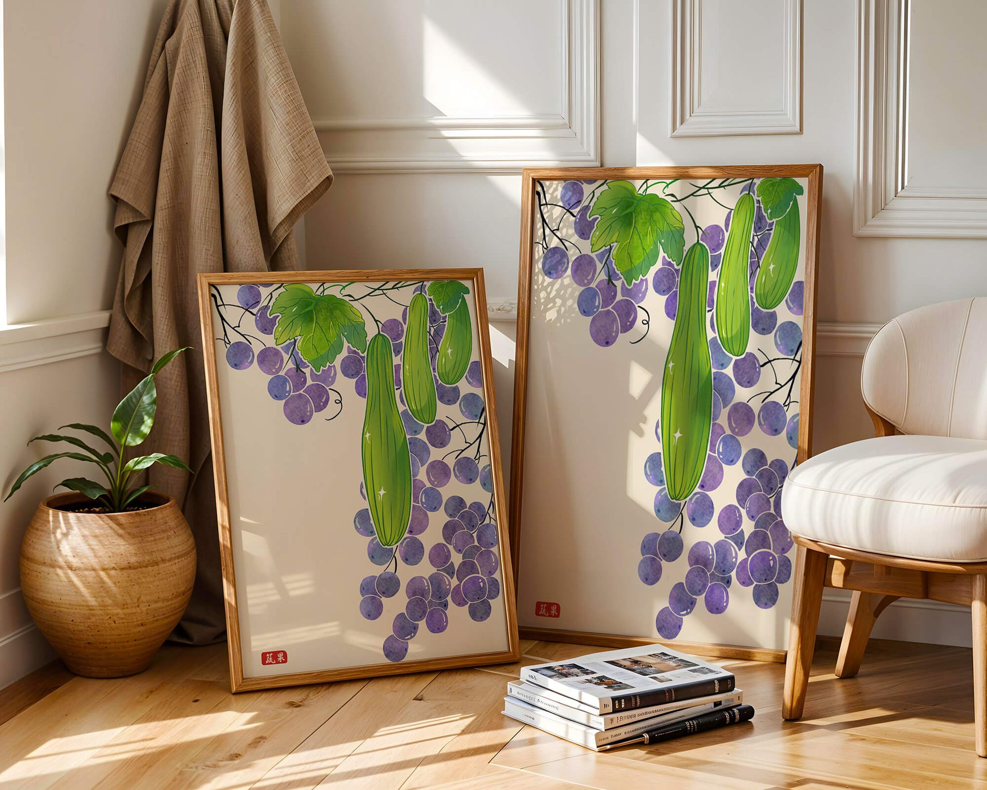 Ilustración de uvas y pepino con colores vibrantes y hojas