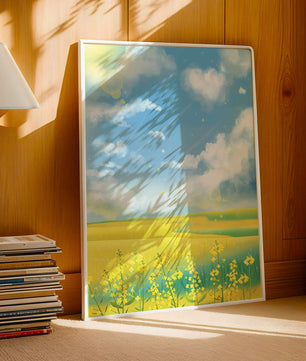 Sunny Meadow with Yellow Flowers and Blue Sky Scenic Art