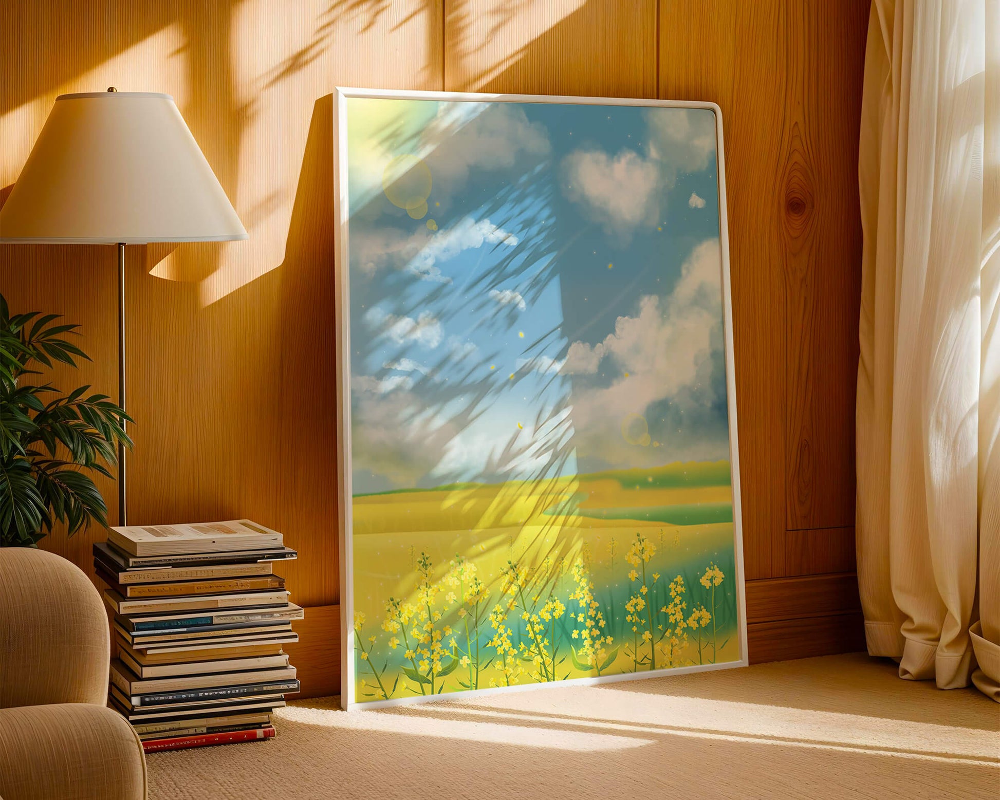 Sunny Meadow with Yellow Flowers and Blue Sky Scenic Art