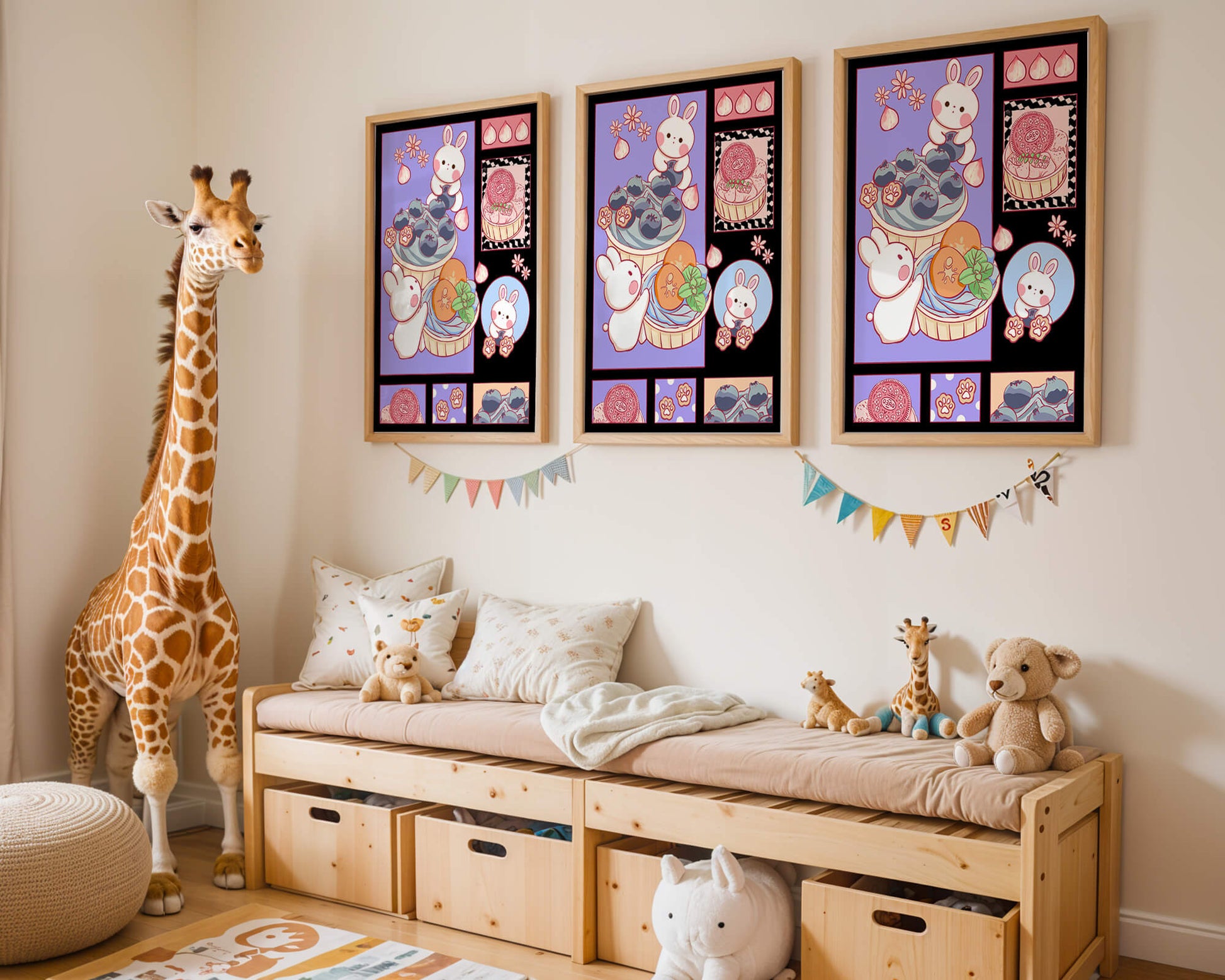 Conejos de dibujos animados encantadores con postres y arándanos