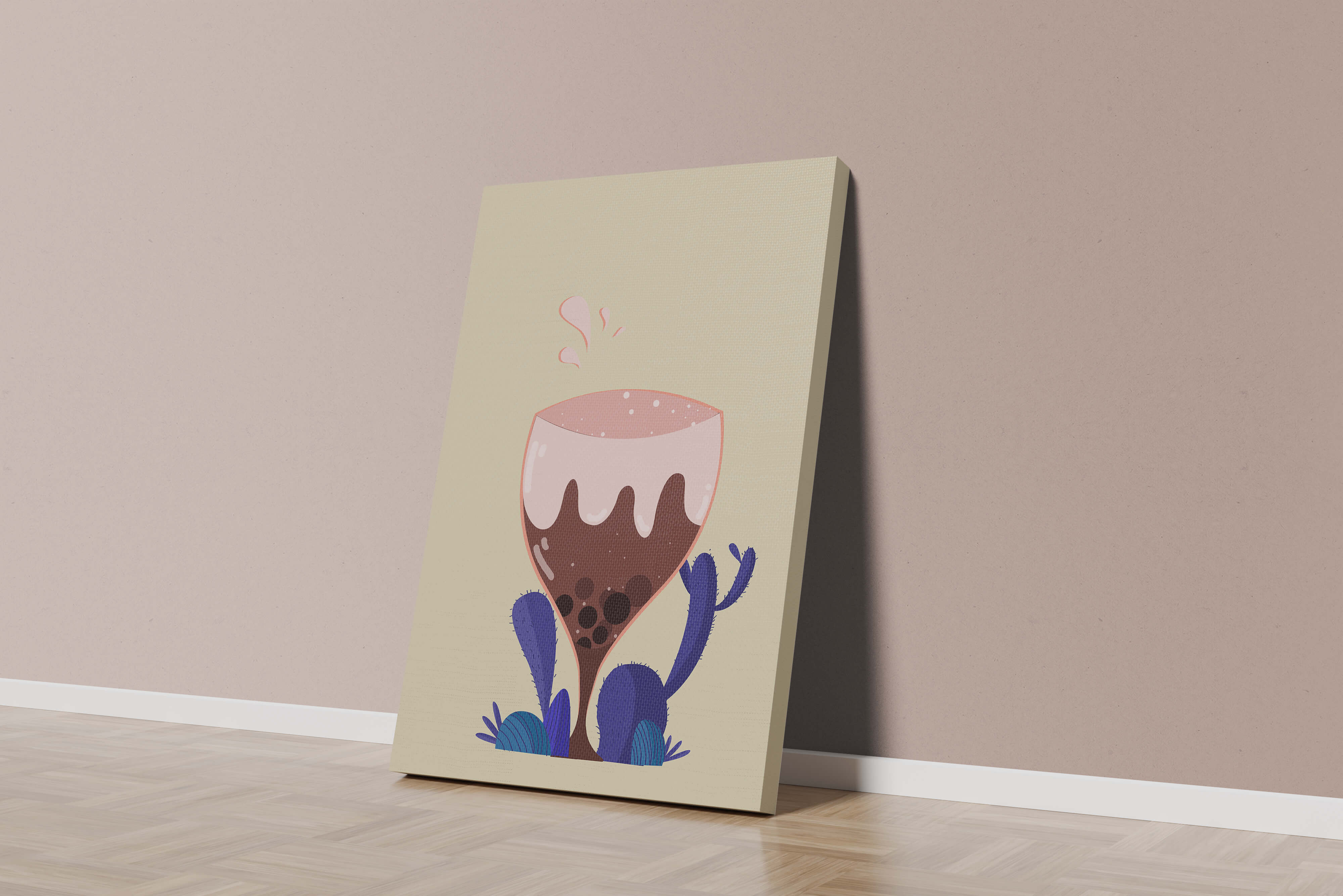 Illustration of a whimsical wine glass with liquid splash and purple plants