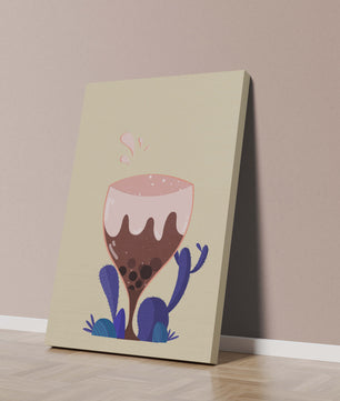 Illustration eines skurrilen Weinglases mit Flüssigkeitsspritzern und violetten Pflanzen