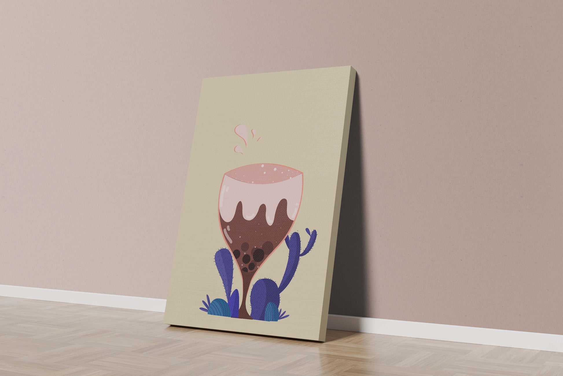 Illustration of a whimsical wine glass with liquid splash and purple plants