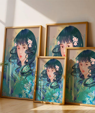 Retrato onírico de una niña con elementos florales y fondo natural