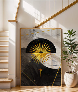 Abstract cosmic design featuring golden sunburst and celestial elements