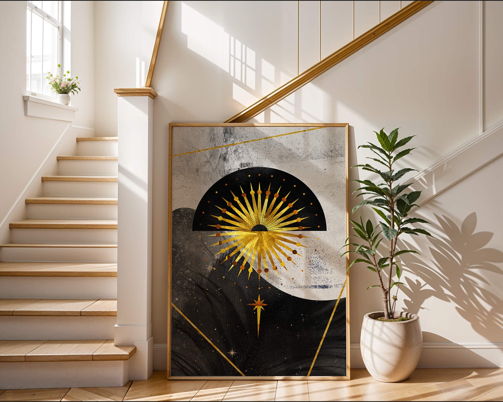 Abstract cosmic design featuring golden sunburst and celestial elements