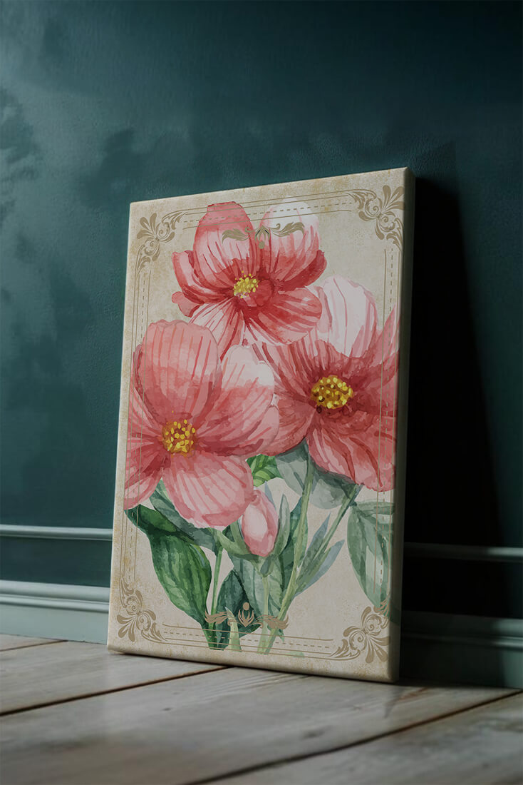Watercolor floral illustration with pink blooms and green foliage