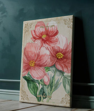 Watercolor floral illustration with pink blooms and green foliage