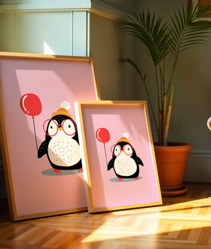 Ilustración adorable de un pingüino con globo y gafas