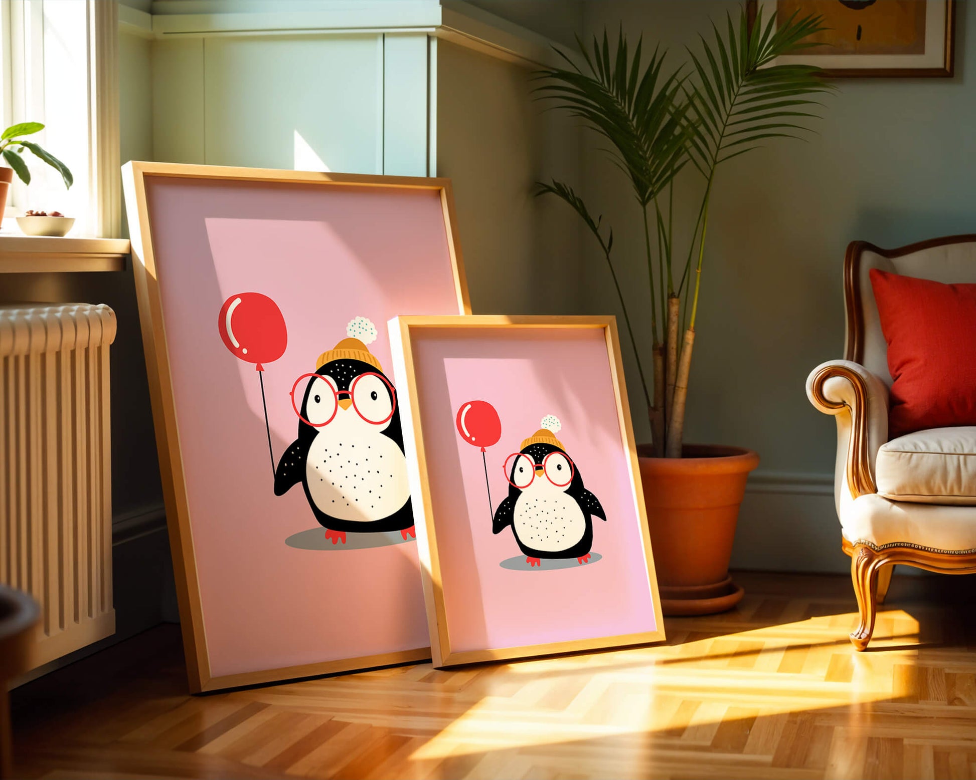 Adorable penguin with balloon and glasses illustration