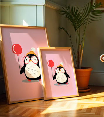 Adorable penguin with balloon and glasses illustration