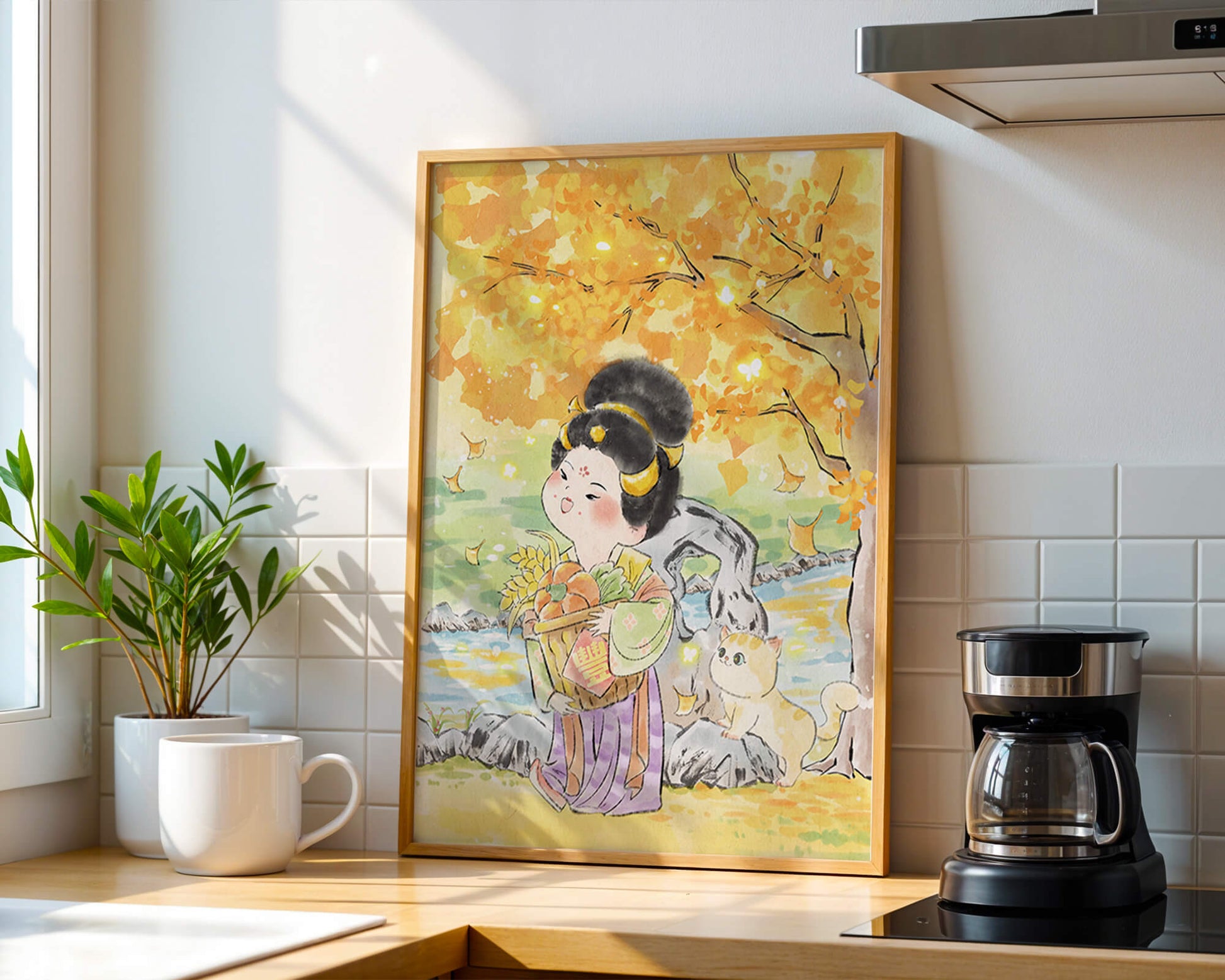 Charming watercolor scene of girl with basket in autumn setting
