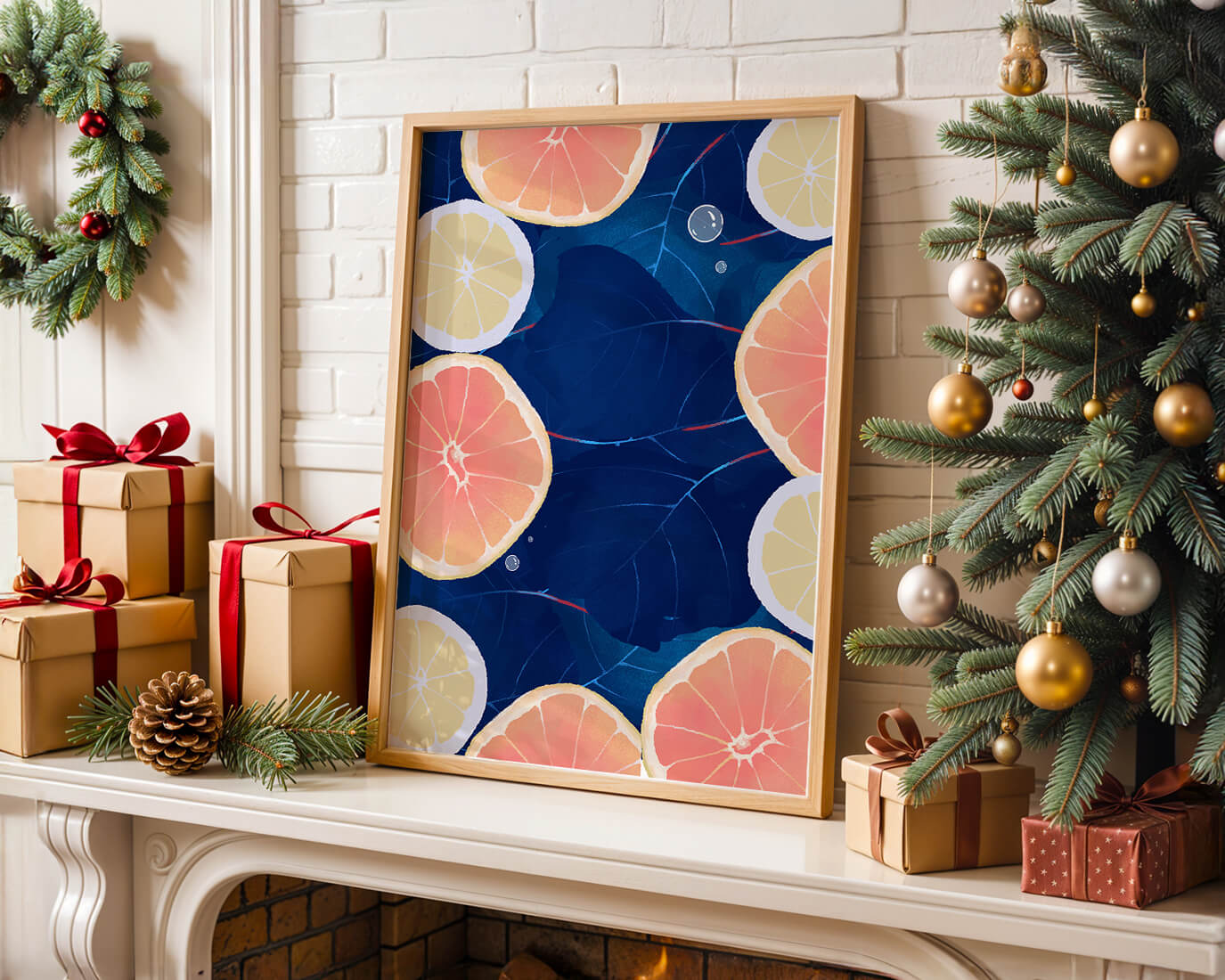 Frutas cítricas coloridas sobre fondo oscuro de hojas