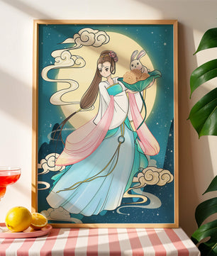 Traditional Asian-inspired artwork featuring a woman and rabbit under a moonlit sky