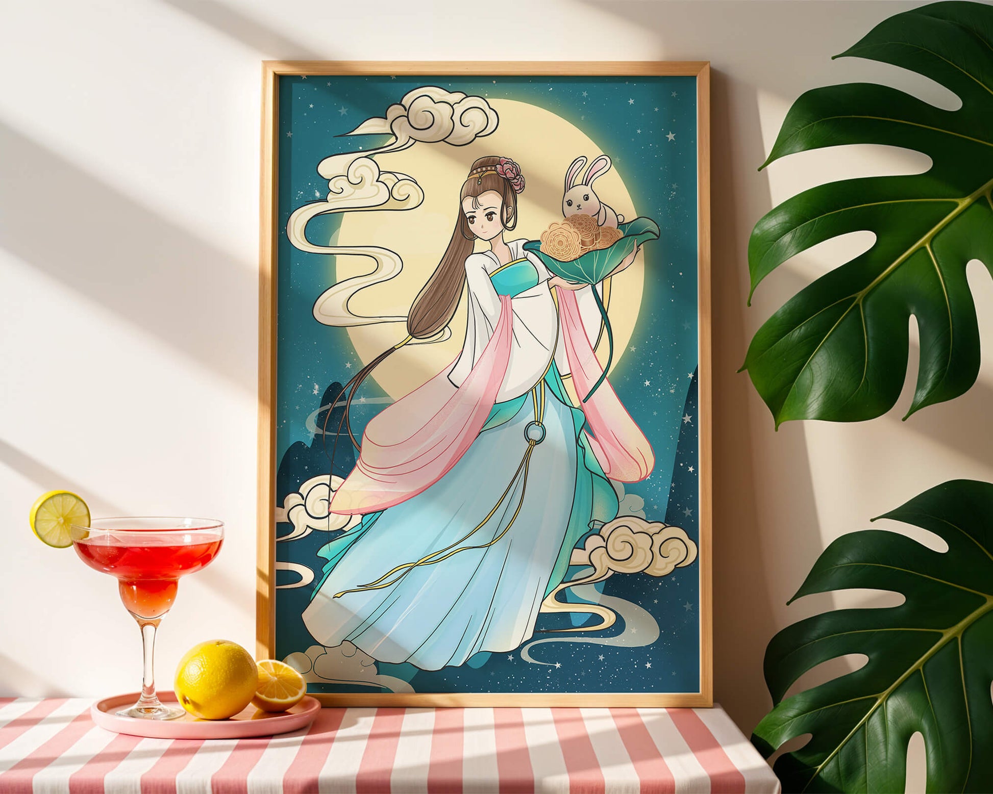 Traditional Asian-inspired artwork featuring a woman and rabbit under a moonlit sky